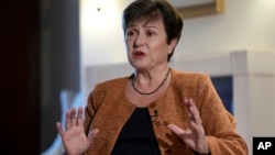 FILE - Kristalina Georgieva, Managing Director of the International Monetary Fund, speaks during an interview with The Associated Press in Berlin, Germany, Nov. 29, 2022.