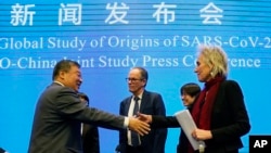 FILE: Marion Koopmans, (R) and Peter Ben Embarek, (C), of the World Health Organization team say farewell to their Chinese counterpart Liang Wannian, (L), after a WHO-China Joint Study Press Conference at the end of the WHO mission in Wuhan, China, Feb 9,