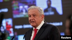 El presidente de México, Andrés Manuel López Obrador, habla durante una cumbre climática global virtual de EE. UU., en el Palacio Nacional de la Ciudad de México, el 22 de abril de 2021.