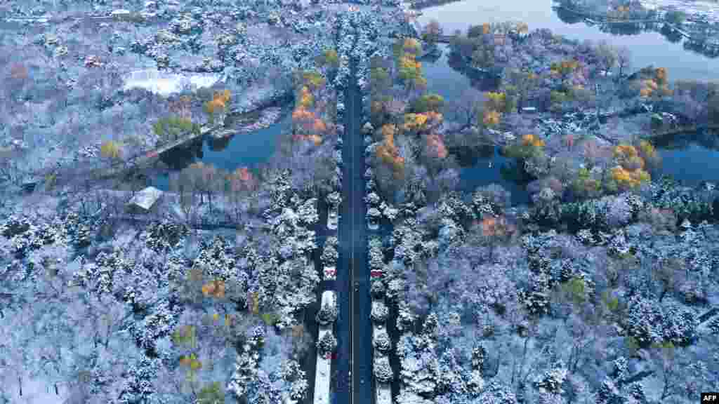 This aerial photo shows Beiling Park after snowfall in Shenyang, in China's northeastern Liaoning province.