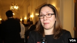 Laura Rosenberger, director of Alliance for Securing Democracy is pictured in an interview with VOA Khmer at the American Enterprise Institute, Washington DC, January 16, 2018. (Say Mony/VOA Khmer)