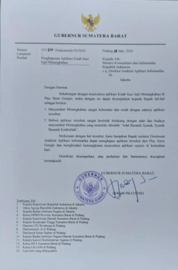 Surat Gubernur Sumbar Irwan Prayitno yang ditujukan kepada Menkominfo Johnny G Plate agar menghapus aplikasi Alkitab bahasa Minang di Google Play Store.