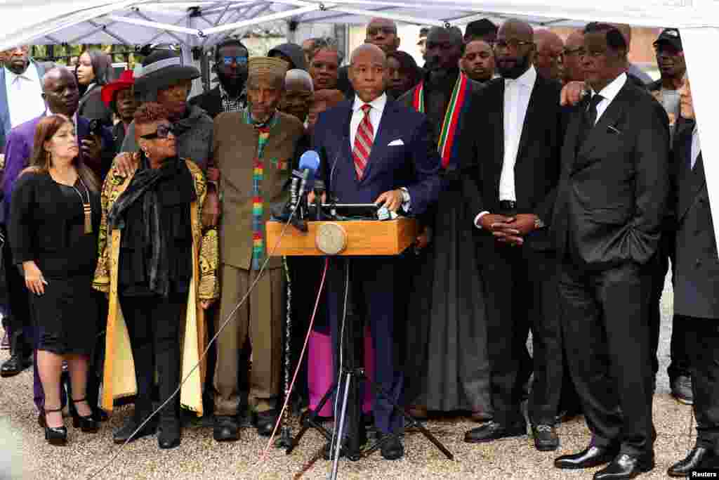 New York City Mayor Eric Adams speaks to the press outside his official residence Gracie Mansion after he was charged with bribery and illegally soliciting a campaign contribution from a foreign national, in New York City.