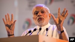 Indian Prime Minister Narendra Modi, addresses people during the launch of digital India project in New Delhi, India, July 1, 2015.