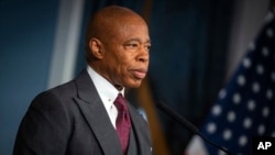 FILE - This image provided by Office of the New York Mayor shows New York Mayor Eric Adams as he speaks during an address from City Hall, Feb. 11, 2025. (Ed Reed/Office of the New York Mayor via AP)