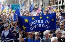 Anti-Brexit campaigners carry flags and banners as they march toward Britain's Parliament in London, March 25, 2017. Britain's Prime Minister Theresa May is expected to start the process of leaving the European Union on March 29.