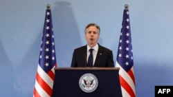 کنفرانس مطبوعاتی آنتونی بلینکن، وزیر امور خارجه آمریکا، پس از دیدار با مقامات اسرائیلی. تل‌آویو، جمعه ۱۲ آبان ۱۴۰۲