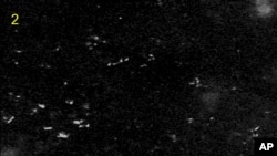 In this Thaichote satellite taken on March 24, 2014 (released March 27, 2014) a part of about 300 objects floating in the Indian Ocean near the search area for the missing Malaysia Airlines jetliner are shown.