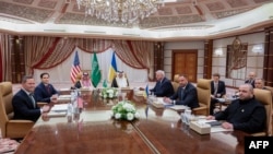U.S. Secretary of State Marco Rubio, White House national security adviser Mike Waltz, Ukrainian Foreign Minister Andrii Sybiha, Ukrainian Head of Presidential Office Andriy Yermak, meet in Jeddah, Saudi Arabia, March 11, 2025.