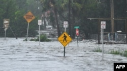 A flooded street is seen near the Steinhatchee marina, Florida on August 30, 2023, after Hurricane Idalia made landfall.
