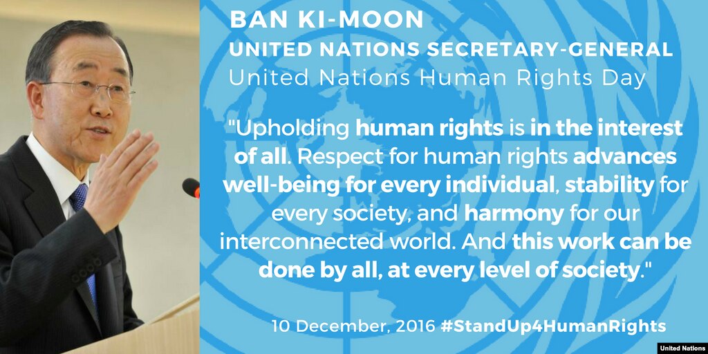 BMT Bosh kotibi Pan Gi Mun va Inson huquqlari bo'yicha oliy komissar Ziyod Raad al-Husayn har bir a'zo davlat o'z fuqarolarini teng ko'rib, himoya qilishi va ularning huquqlarini e'zozlashi kerak deya tashkilot talablarini eslatmoqda. Inson boshqa bir insonning huquqi buzilganida qarab turmasligi kerak. Huquq va erkinlik eng bebaho ne'mat, deydi ular.
