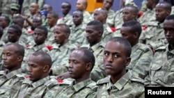 FILE - Somali soldiers attend a training session during the opening ceremony of a Turkish military base in Mogadishu, Somalia, Sept. 30, 2017. 