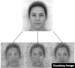 The top image is a composite of 50 faces representing the collective demographics of the US population. The three on the bottom show how the composite changed based on people's depictions of God. (PLOS One)
