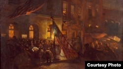 An oil painting of a mortally wounded President Abraham Lincoln as he is moved from Ford's Theatre, Washington, D.C. (Courtesy: Carol M. Highsmith, Library of Congress)