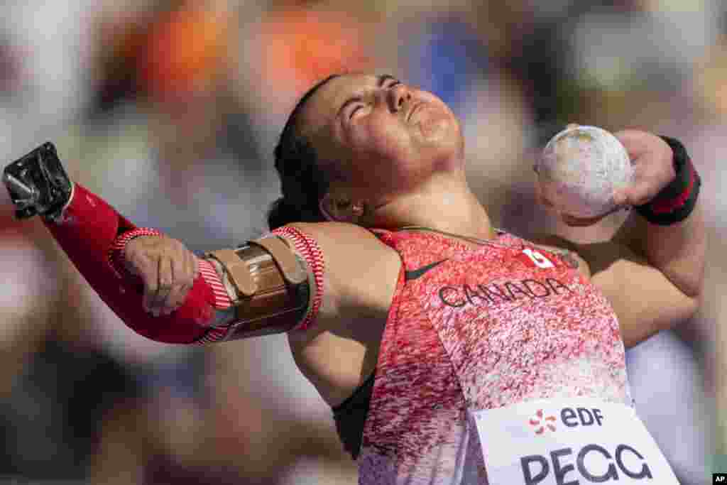 Katie Pegg of Canada competes in the Women's Shot Put F46 Final, at the Stade de France stadium during the 2024 Paralympics in Paris.
