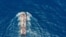 Oil chemical tanker sails blue sea. Aerial top view
