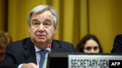 FILE - U.N. Secretary-General Antonio Guterres delivers a speech in Geneva, Feb. 25, 2019.