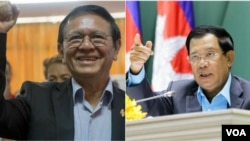 រូបឯកសារ៖ លោក​ ​កឹម សុខា​ ​ប្រធាន​គណបក្ស​សង្គ្រោះជាតិ (ឆ្វេង) និង​លោក​នាយករដ្ឋមន្ត្រី ហ៊ុន សែន (ស្តាំ)។ (VOA) 