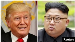 FILE - A combination photo shows President Donald Trump in New York, Sept. 21, 2017 and North Korean leader Kim Jong Un in this undated photo released by North Korea's Korean Central News Agency in Pyongyang, Sept. 4, 2017. 
