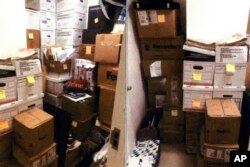 This image, contained in the report from special counsel Robert Hur, shows boxes in a storage closet at the Penn Biden Center in Washington in March 2021. (Justice Department via AP)