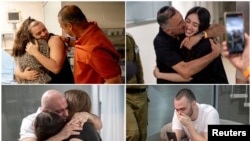 Katër pengjet e liruar duke u pritur nga familjarët (Raman Gan, Izrael, 8 qershor 2024)