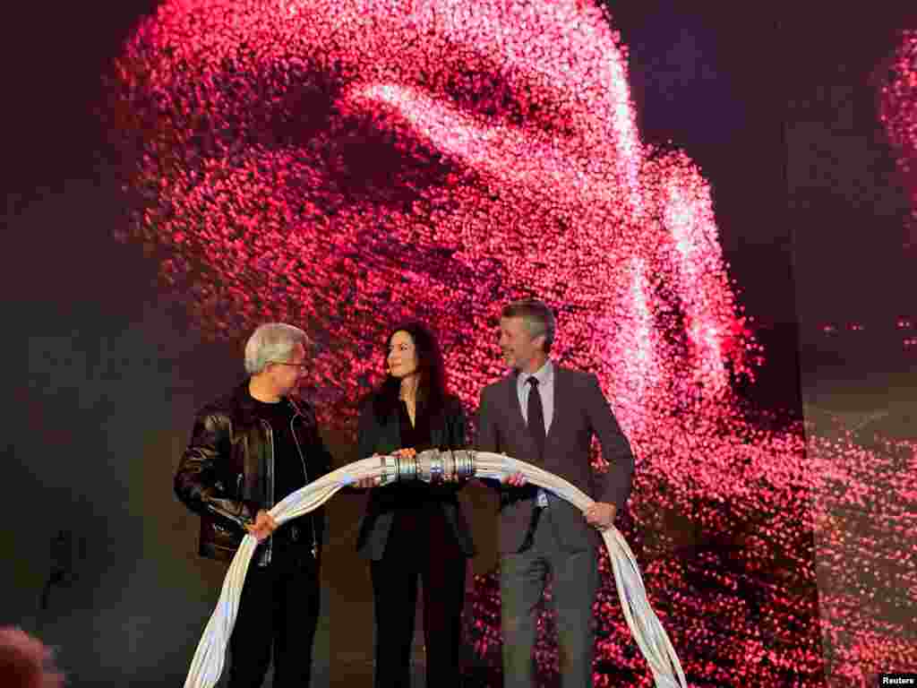 Nvidia CEO Jensen Huang, CEO of Danish Center for AI Innovation Nadia Carlsten, and Denmark's King Frederik attend the launch of a supercomputer in Copenhagen, Denmark.
