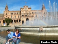 Frances Downey sits in the Plaza de España in Seville, Spain during her time studying there in 2007.