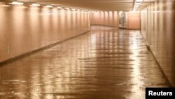 资料照：一次暴雨后德国柏林地铁一个站的入口 （2017年6月29日）