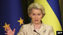 Mkuu wa Umoja wa Ulaya ,Ursula von der Leyen, akizungumza na wanahabari mjini Kyiv, Ukraine Novemba 4, 2023.