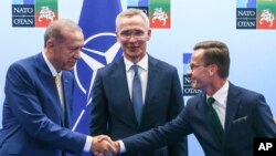 نخست وزیر سوئد، دبیرکل ناتو و رئیس جمهوری ترکیه در نشست ناتو در لیتوانی - ۱۰ ژوئیه ۲۰۲۳ 