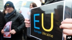 Мітинг на підтримку інтеграції України до ЄС біля будівлі Європейської Ради в Брюсселі. AP Photo/Yves Logghe
