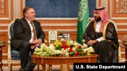 Secretary of State Michael R. Pompeo meets with Saudi Crown Prince Mohammed bin Salman, in Riyadh, Saudi Arabia, Oct. 16, 2018.