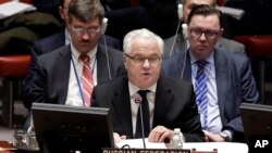 FILE - Russia's Ambassador to the U.N. Vitaly Churkin addresses a Security Council meeting at the United Nations, Feb. 2, 2017. 