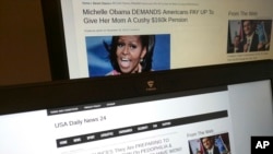 Ova fotografija snimljena je u Parizu u petak Dec. 2, 2016. Pokazuje priče USA Daily News 24, lažne platforme registrovane u Velesu u Makedoniji. Foto: AP