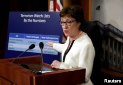 Senator Susan Collins, a Maine Republican, speaks at a news conference on Capitol Hill in Washington regarding a compromise proposal on gun control measures, June 21, 2016. Collins was the lead author of the legislation.