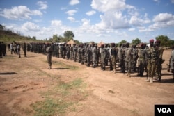 South Sudanese government soldiers stand at attention at Jebel Makor, April 14, 2016. (Credit: Jason Patinkin)