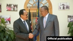Rais wa Kenya Uhuru Kenyatta (Kulia) na mwenzake wa Ethiopia Mohamed Abdullahi Farmajo.
