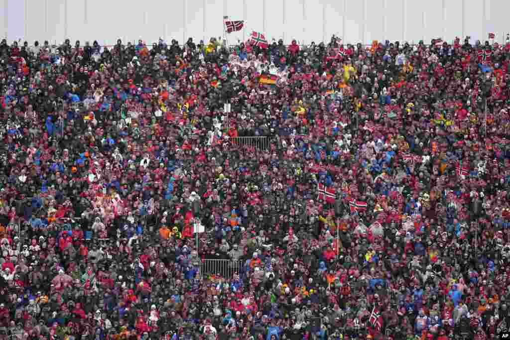 Fans pack the stands to watch the cross-country men's relay 4X7.5 Km at the Nordic World Ski Championships in Trondheim, Norway.
