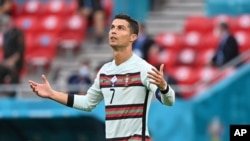 Portugal's Cristiano Ronaldo reacts during the Euro 2020 soccer championship group F match between Hungary and Portugal at the Ferenc Puskas stadium in Budapest, Hungary, June 15, 2021.