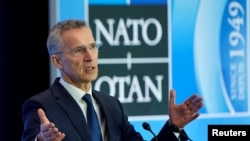 NATO Secretary General Jens Stoltenberg speaks to the media during the NATO Foreign Minister's Meeting at the State Department in Washington, April 4, 2019.