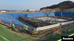 A general view of the construction site of Gangneung Ice Arena which will be a venue for the figure skating and short track competitions during the 2018 Winter Olympic Games, in the coastal cluster of PyeongChang, February 11, 2015.