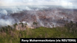 Tampak udara kebakaran hutan yang terjadi di dekat desa Bokor, Kabupaten Kepulauan Meranti, Provinsi Riau, 15 Maret 2016. (Foto: Rony Muharrman/Antara Foto via REUTERS)