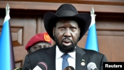 South Sudan's President Salva Kiir addresses the nation as it marks the 10th anniversary of independence, at the State House in Juba, South Sudan, July 9, 2021. 