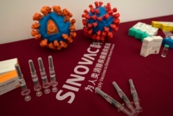 Jarum suntik untuk vaksin COVID-19 dan benda yang menyerupai virus corona dipajang di pabrik Sinovac di Beijing. (Foto: AP/Ng Han Guan)