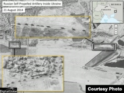 Image 1 shows Russian military units moving in a convoy formation with self-propelled artillery in the area of Krasnodon, Ukraine, well inside territory controlled by Russian separatists. Image captured Aug. 21, 2014. There is confidence the equipment is Russian, since Ukrainian units have not yet penetrated this far into separatist controlled territory.