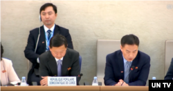 7일 스위스 제네바 유엔 본부에서 진행된 북한 인권에 대한 네 번째 보편적 정례검토(UPR) 심사에서 조철수 주제네바 북한대사가 발언하고 있다. 출처 = UNTV