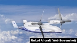 A screenshot shows an image of the Lanying R6000, a 6-ton tiltrotor unmanned aerial vehicle, from the United Aircraft website. The company website describes the R6000 drone as a "car in the sky" that can seat up to 12 people.
