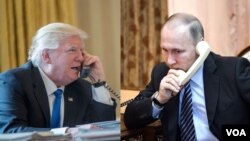 រូបឯកសារ៖ ប្រធានាធិបតី​សហរដ្ឋ​អាមេរិក ដូណាល់ ត្រាំ (ឆ្វេង) និង​លោក Vladimir Putin​ ប្រធានាធិបតី​រុស្ស៊ី។