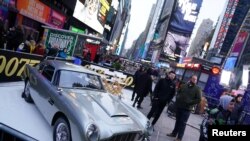 An Aston Martin DB5 is pictured during a promotional appearance on TV in Times Square for the new James Bond movie "No Time to Die" in the Manhattan borough of New York City, New York, U.S., December 4, 2019. REUTERS/Carlo Allegri