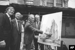 From left, Donald Trump, Mayor Ed Koch and Gov. Hugh Carey at the site of the New York Hyatt Hotel/Convention, June 28, 1978.
